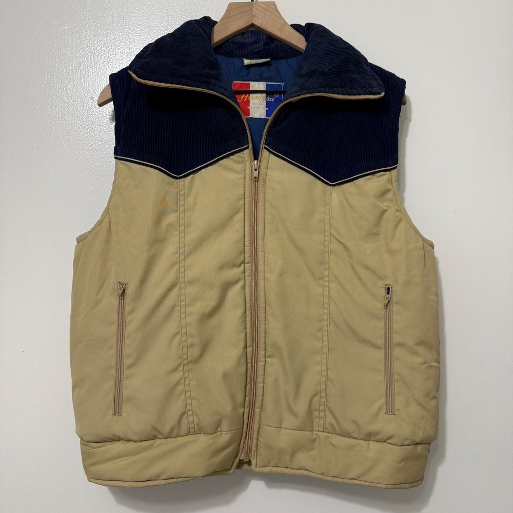 Vintage 1980 Aventura Western Puffer Vest Corduroy Yoke Tan Blue Mens Medium